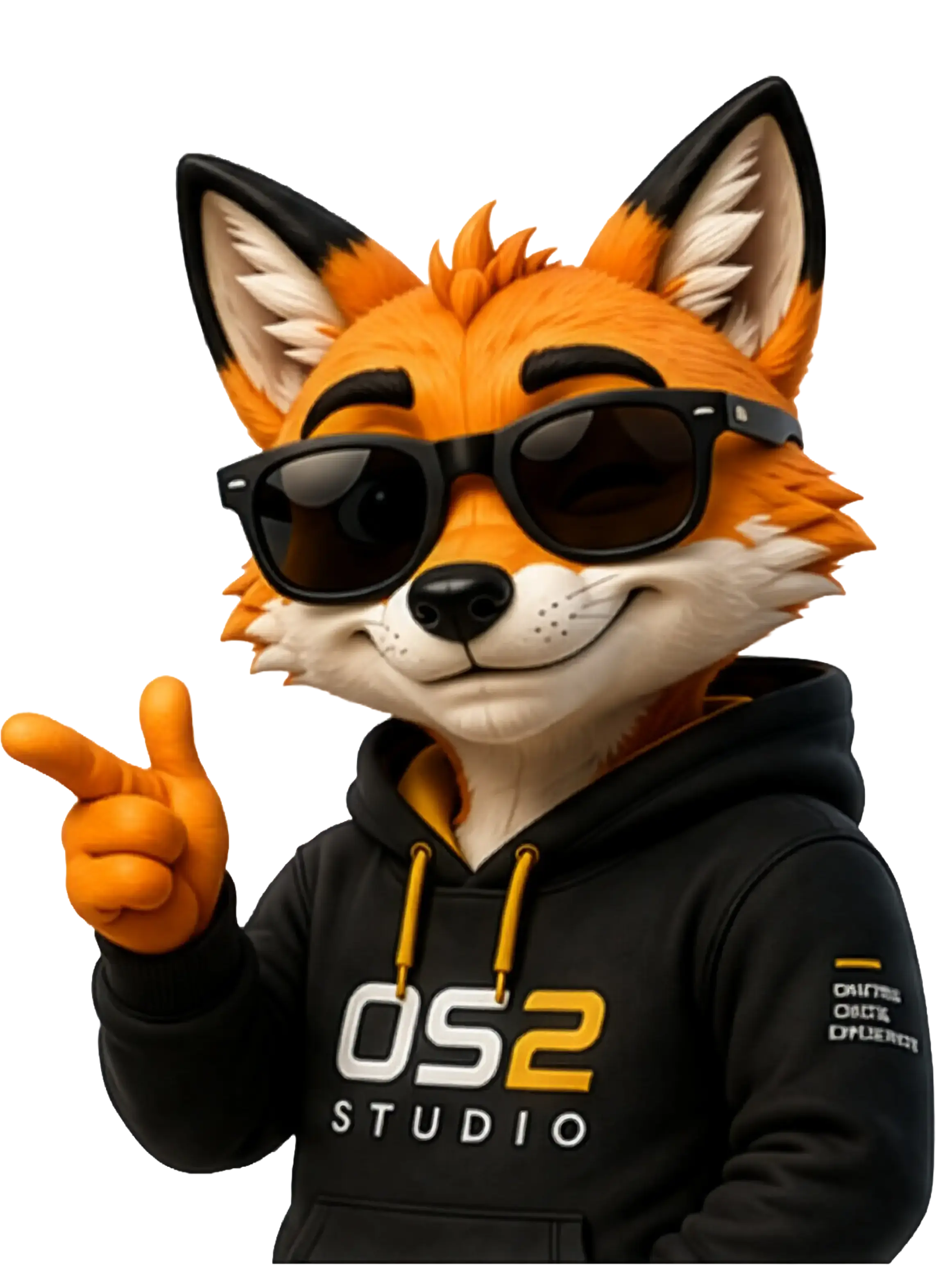 OS2 Studio fox mascot, excited pose with both fists raised
