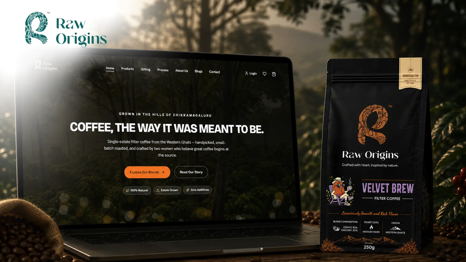 Raw Origins coffee packaging retail shelf display